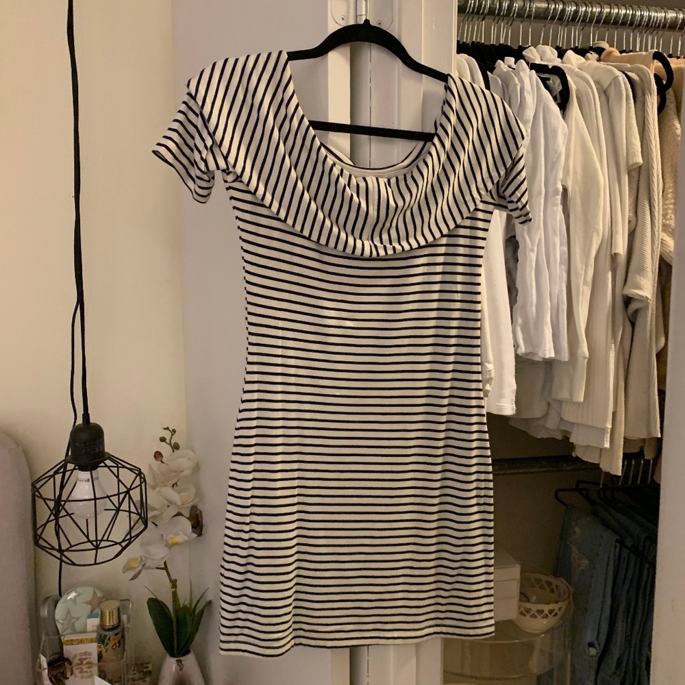 SOLD Delacy Navy White Striped Off Shoulder Dress - Picture 3 of 5